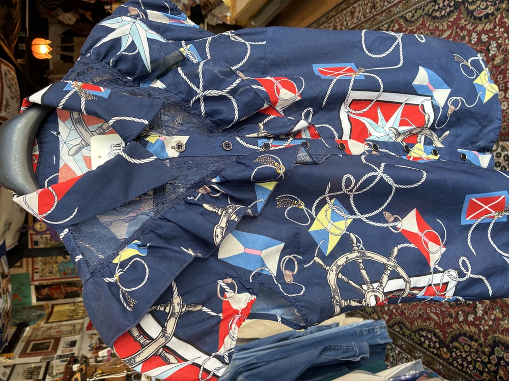 80’s Nautical Print Ruffle Blouse — Navy & Red