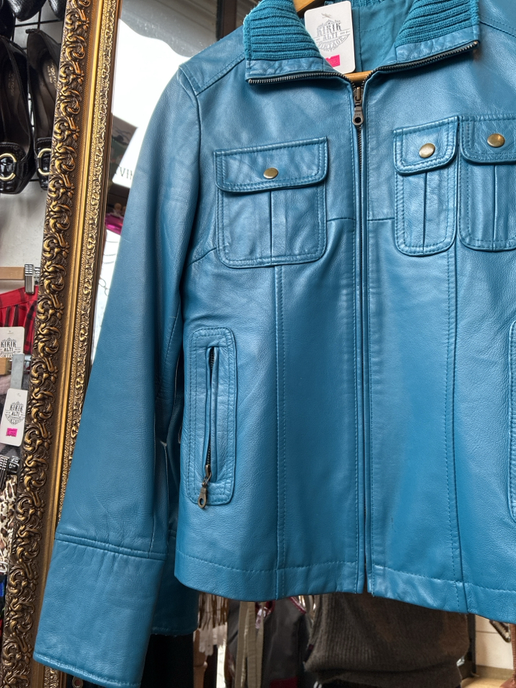 Asymmetric Pocket Teal Leather Jacket