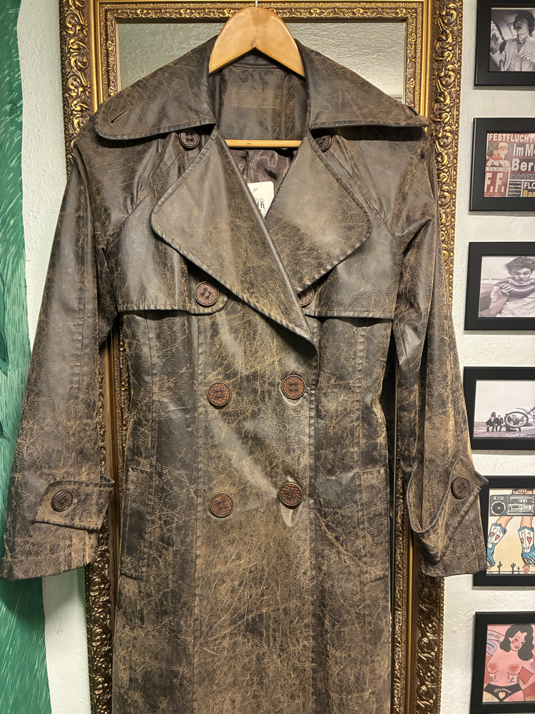 Distressed Faux Leather Trench Coat