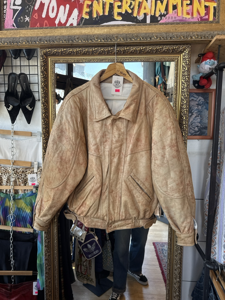 80's Earth Tone Distressed Leather Bomber Jacket