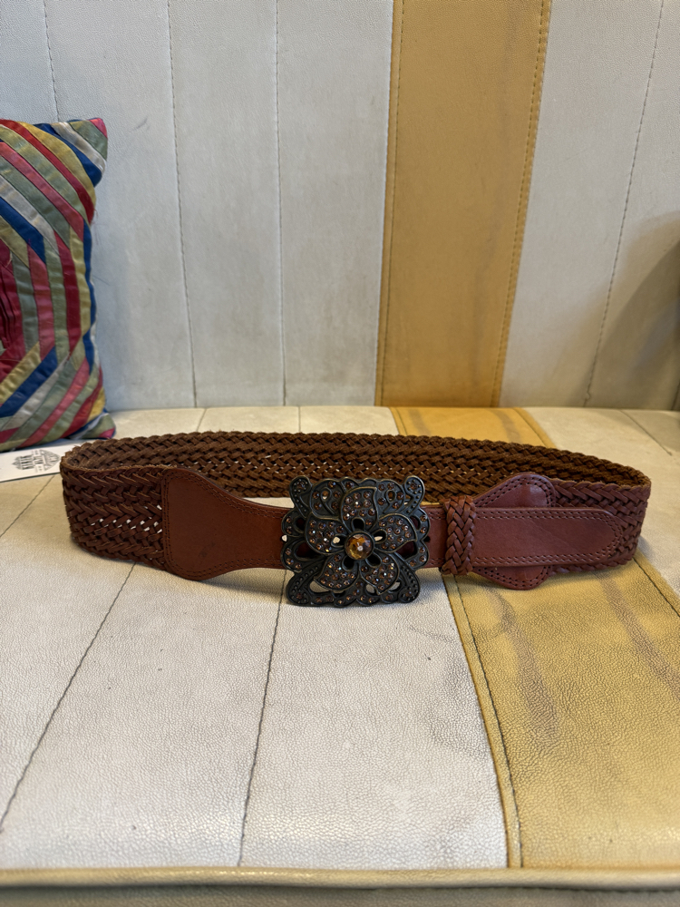 Y2K Vintage Braided Leather Belt – Statement Flower Buckle Wide Brown Belt
