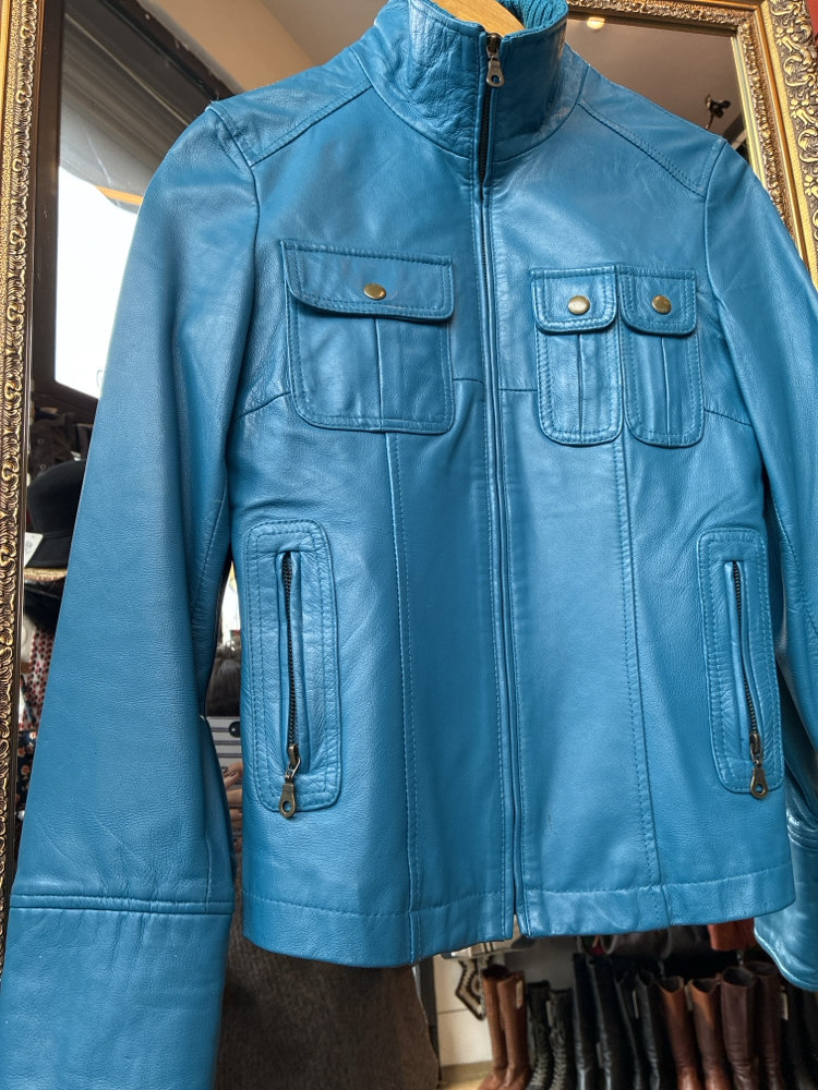 Asymmetric Pocket Teal Leather Jacket