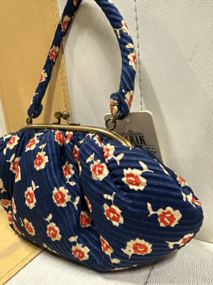50’s Quilted Floral Kiss-Lock Purse — Midnight Blue & Cherry Bloom
