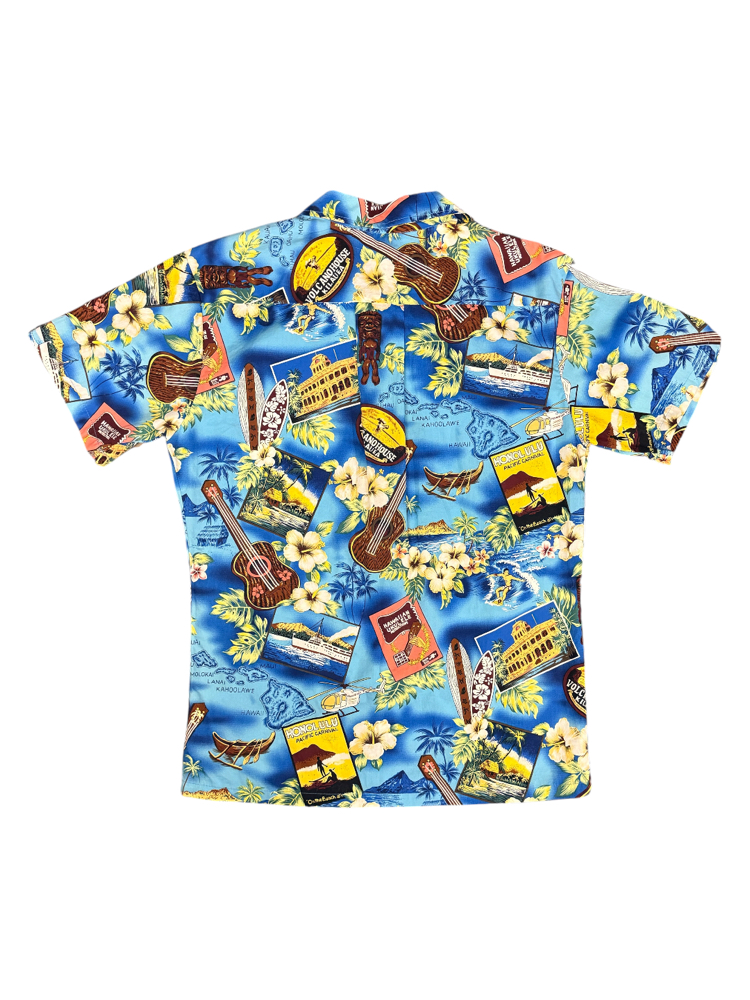 90's Hawaiian Aloha Print Blue Short Sleeve Shirt