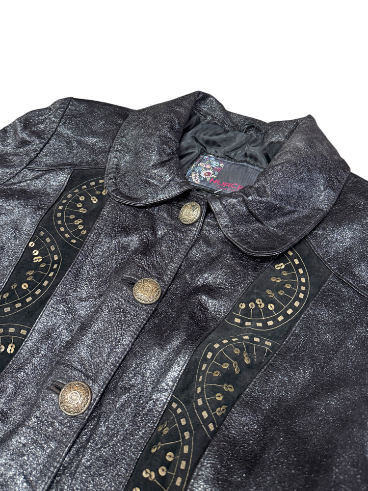 90's Embellished & Sequined Black Leather Jacket