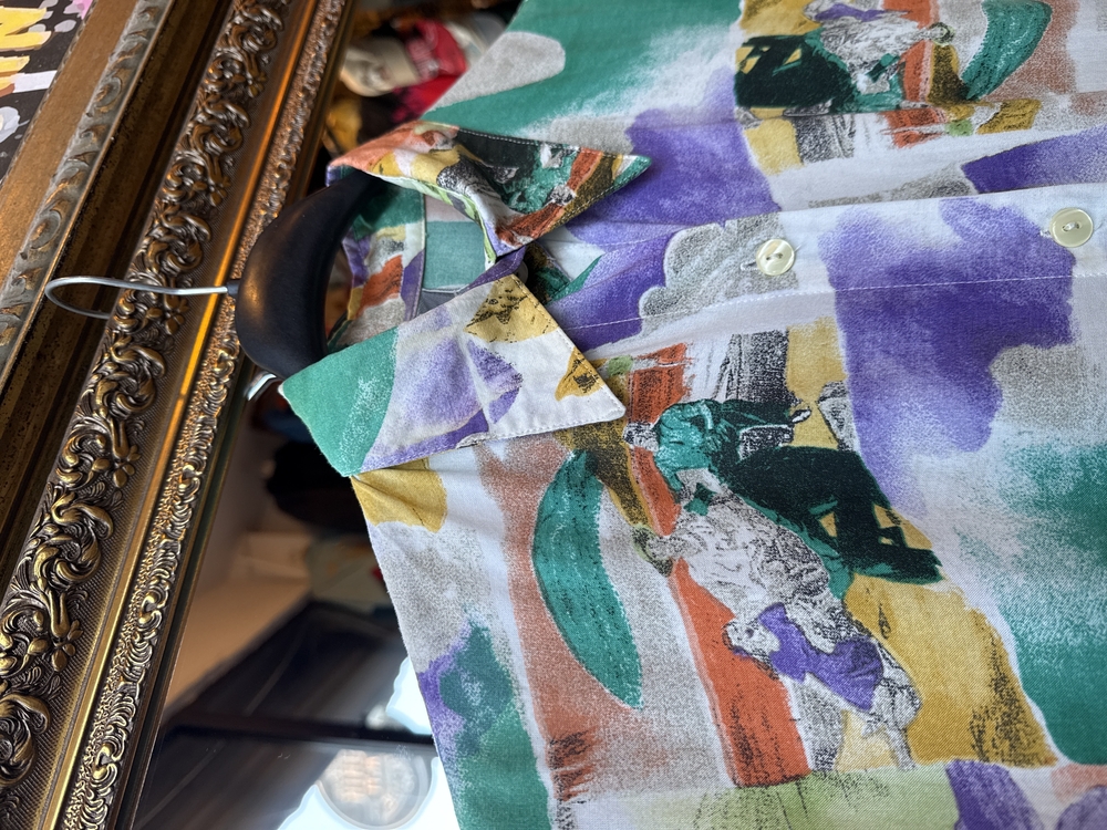 90’s Art Print Floral Shirt — Watercolor Green & Violet