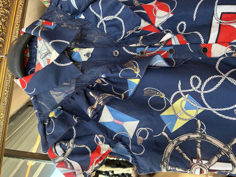 80’s Nautical Print Ruffle Blouse — Navy & Red