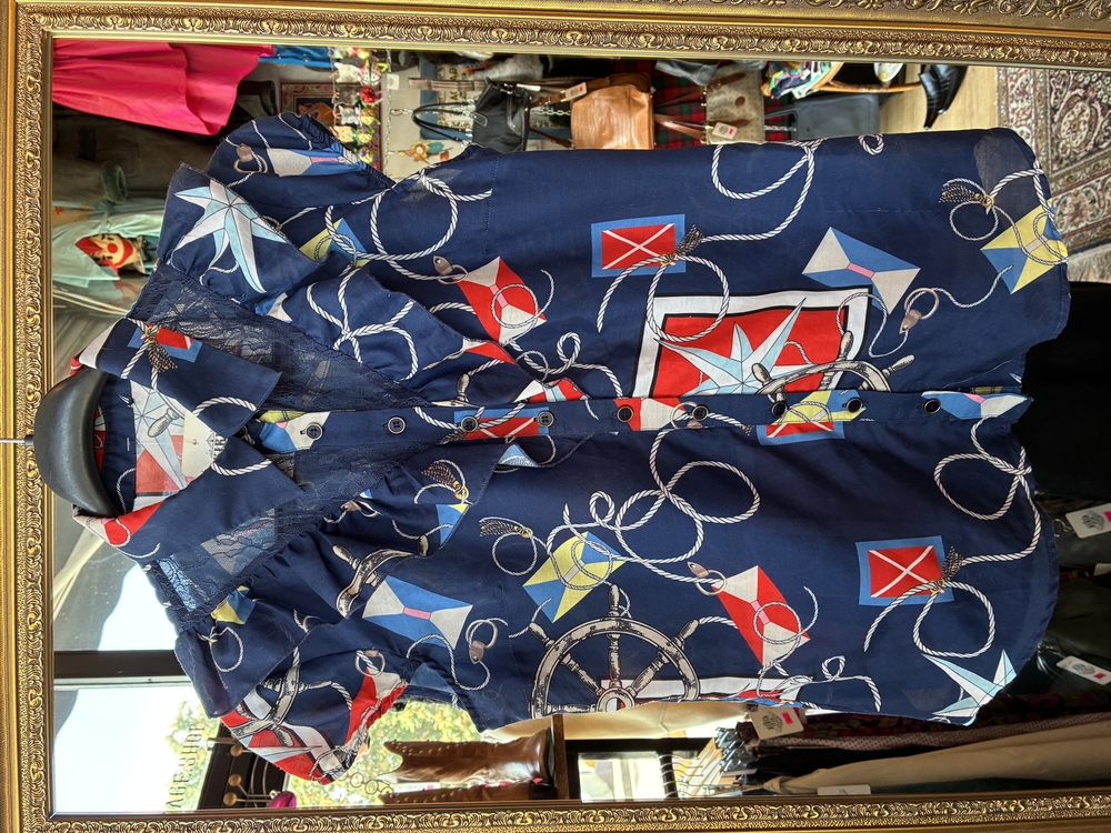 80’s Nautical Print Ruffle Blouse — Navy & Red