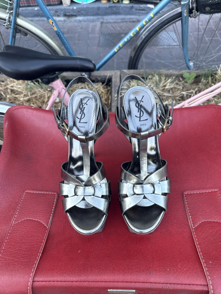 Yves Saint Laurent (YSL) Metallic Silver Tribute Platform Heels