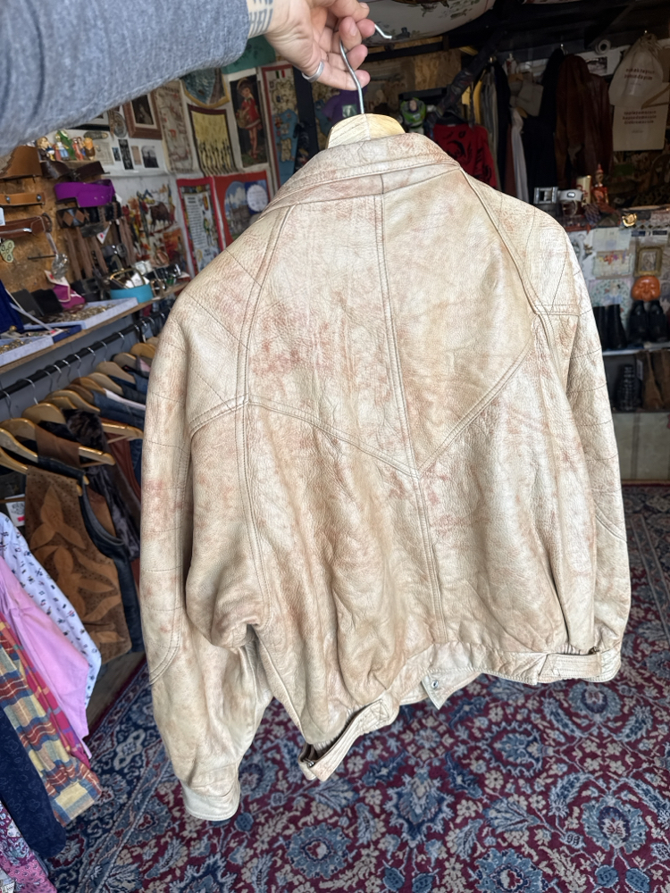 80's Earth Tone Distressed Leather Bomber Jacket