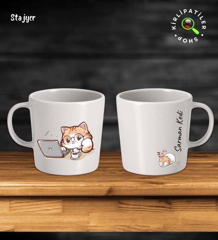KirliPatiler Taş Kupa Fincan Üzeri Çalışan Kedi Baskılı