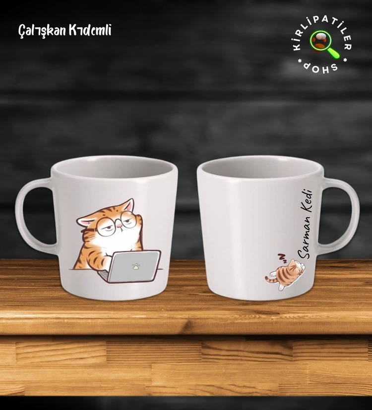 KirliPatiler Taş Kupa Fincan Üzeri Çalışan Kedi Baskılı