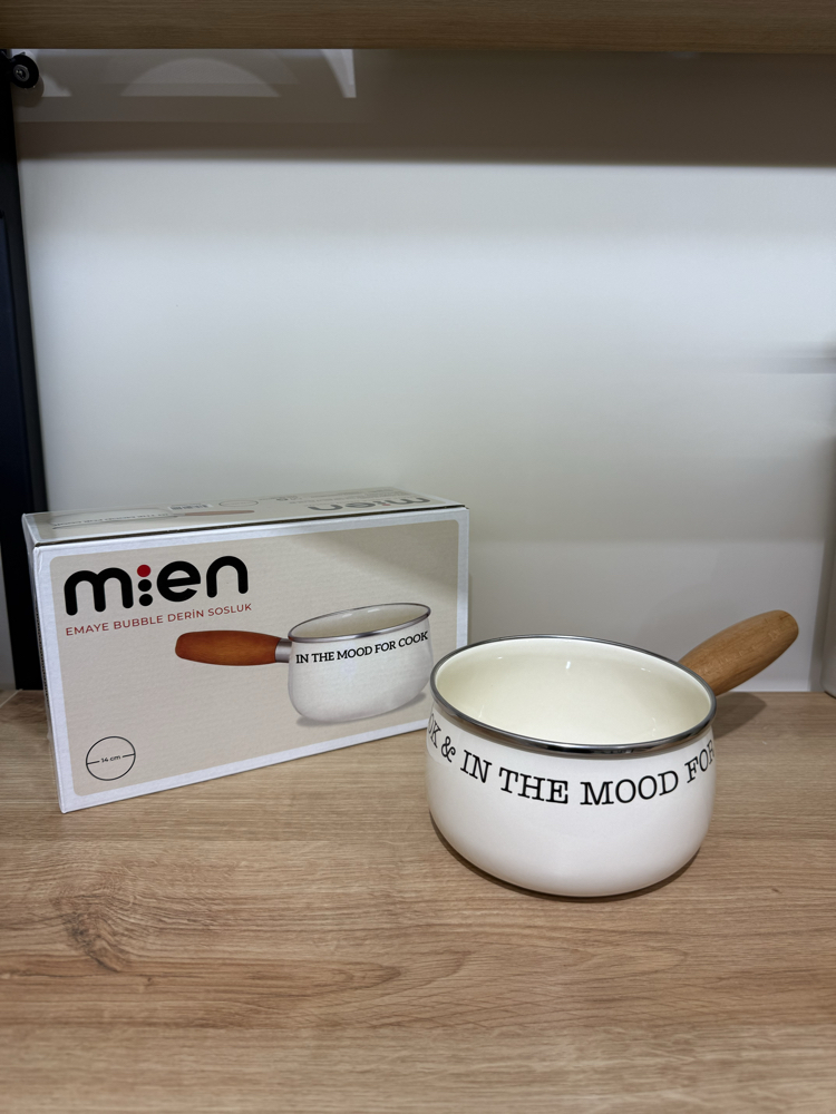 Mien Emaye Derin Sosluk 14 cm – Ahşap Saplı Krem Renk