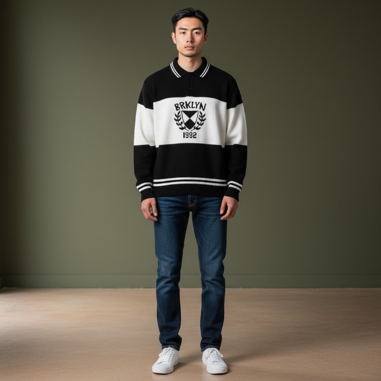 broklyn baskılı polo kazak
