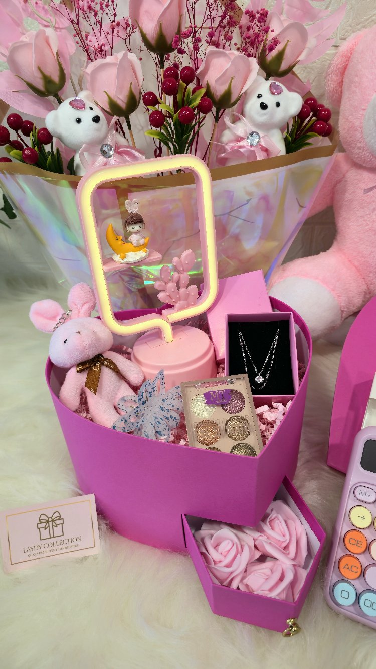  Kız Arkadaşa Sürpriz Hediye Paketi - Pembe Peluş Ayıcıklı & Güllü Buketli Dev Set