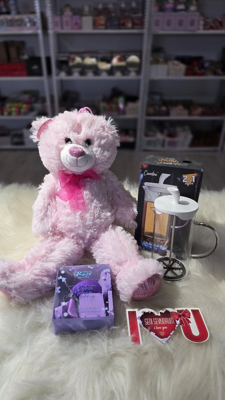 Sevgiliye Romantik Hediye Seti & Pembe Büyük Boy Peluş / Cam French Press & Makyaj Süngeri Seti