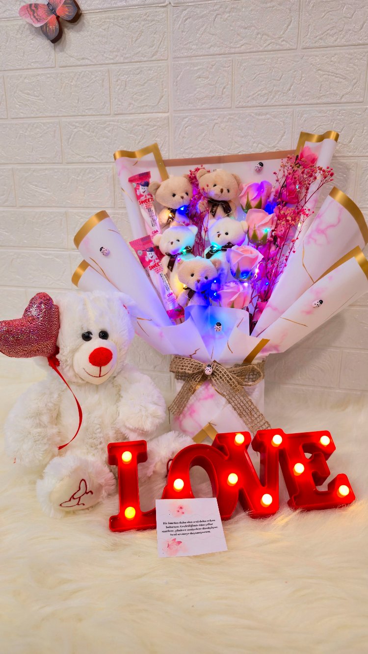 3’lü set / Led ışıklı rengarenk Lüx ayıcık buketi/ love ışıklı biblo