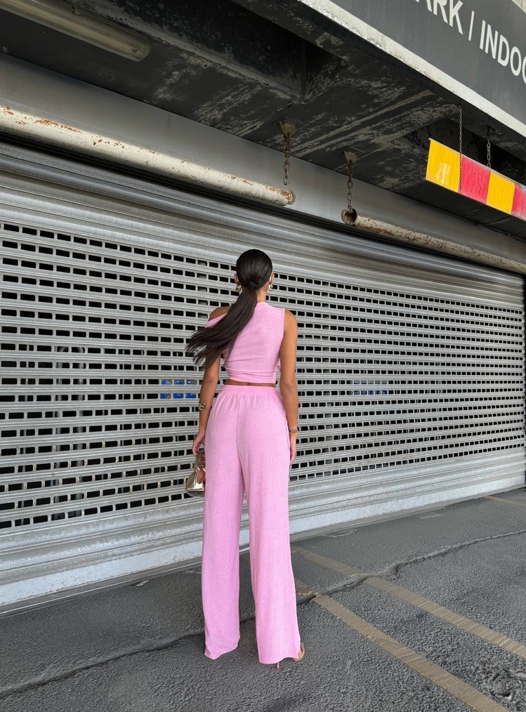 Omuz Detaylı Pembe Bluz/Pantolon Takım