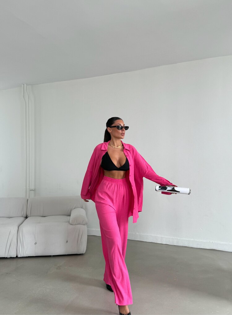 ▪️Pembe Oversize Gömlek Pantolon Alt-Üst İkili Takım ▪️