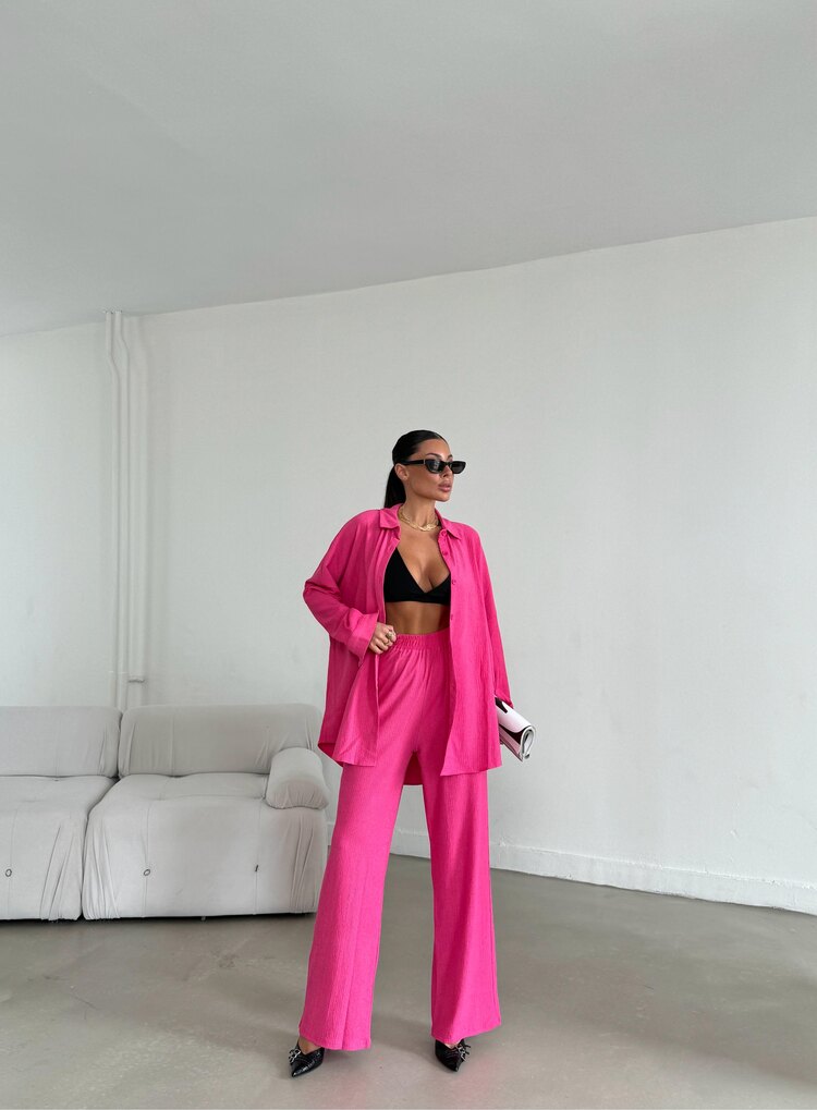 ▪️Pembe Oversize Gömlek Pantolon Alt-Üst İkili Takım ▪️