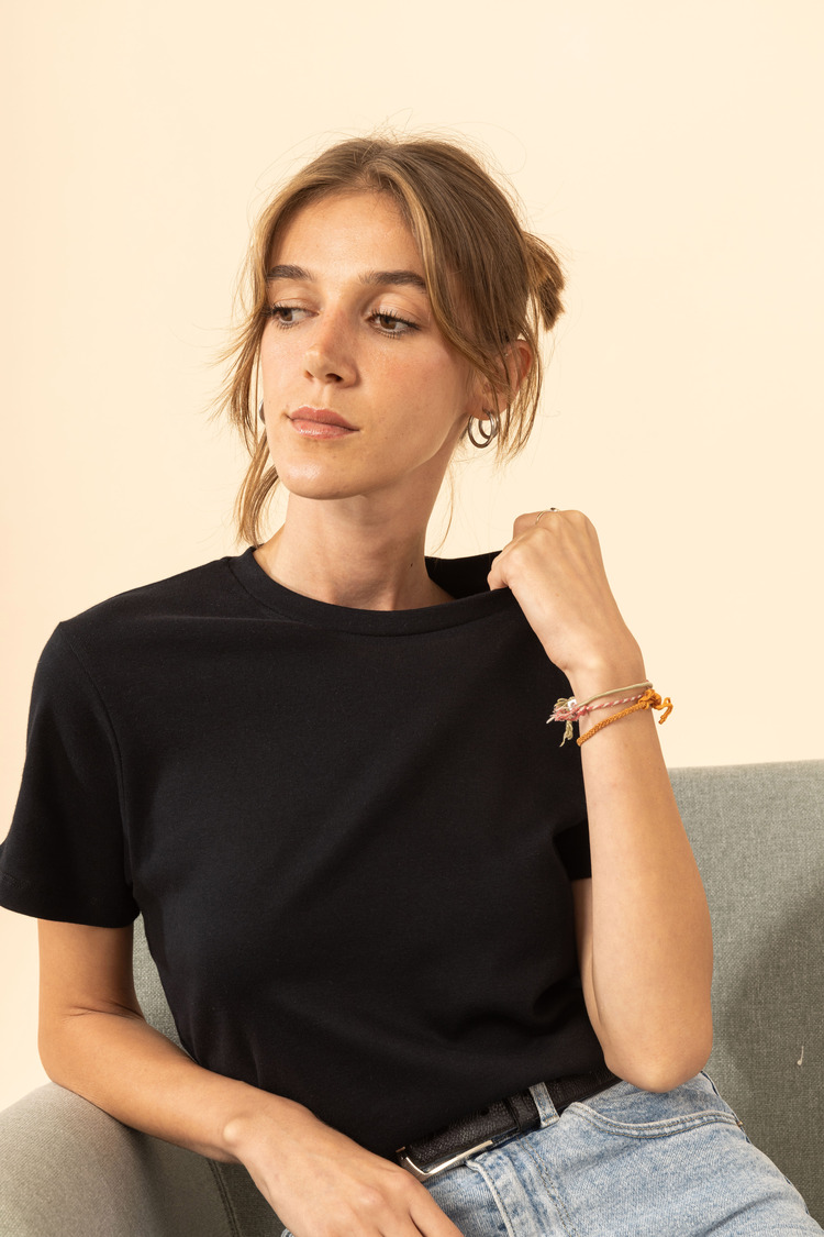 %100 Pamuk Bisiklet Yaka Kadın Basic T-Shirt -Siyah