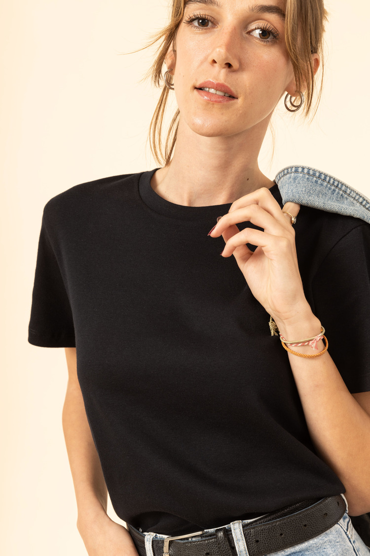 %100 Pamuk Bisiklet Yaka Kadın Basic T-Shirt -Siyah