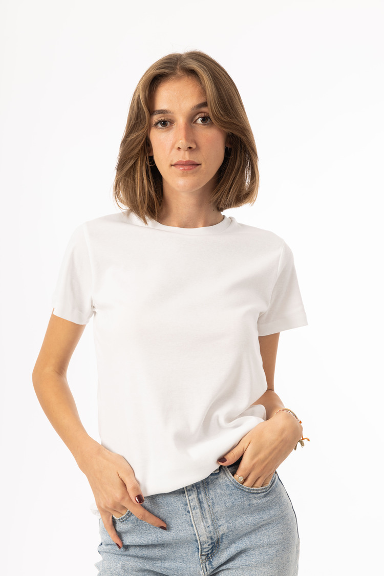 %100 Pamuk Bisiklet Yaka Kadın Basic T-Shirt - Beyaz