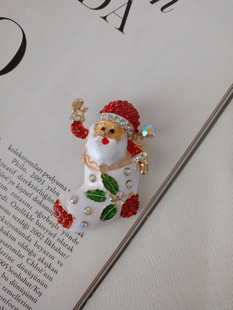 Lente Aksesuar Taşlı Noel Baba  Broş-Yeni Yıl Yaka İğnesi-Yılbaşı Temalı Broş