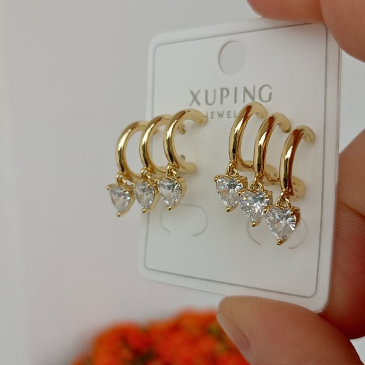 Lente Aksesuar Xuping Zirkon Taşlı 3 Lü Görünümlü Sallantılı Kalp Küpe