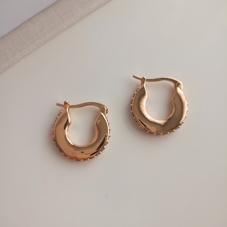 Lente Aksesuar Gold Renk Zirkon Taşlı Küçük Halka Küpe - Kadın Klasik Minimal Tasarım