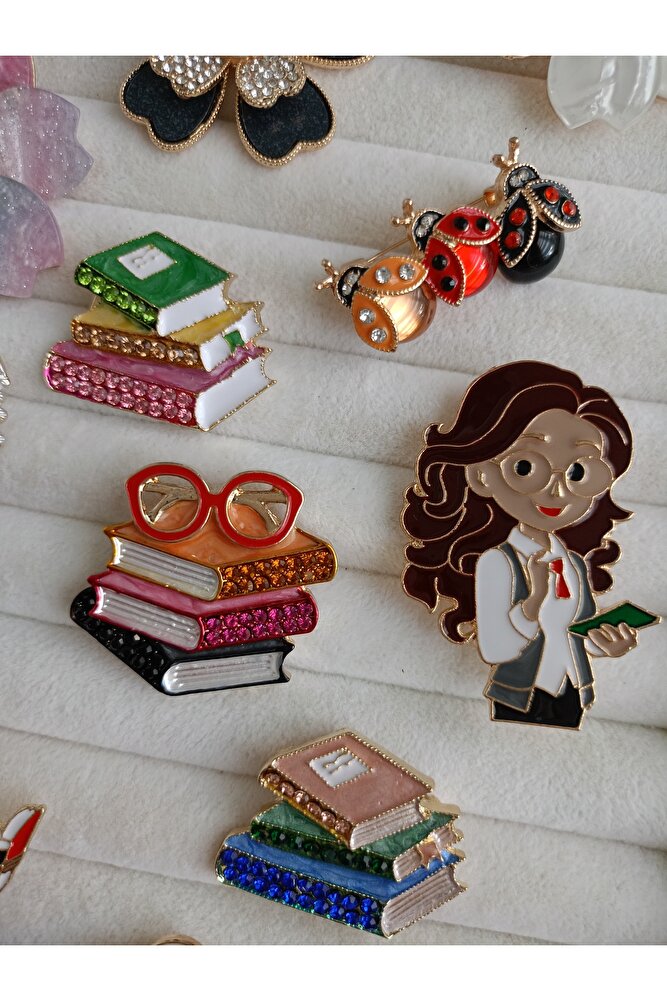 Lente Aksesuar Pembe, Sarı, Yeşil Kitap Broş-Parlak Kristal Renkli Taşlı Kitap Yaka İğnesi