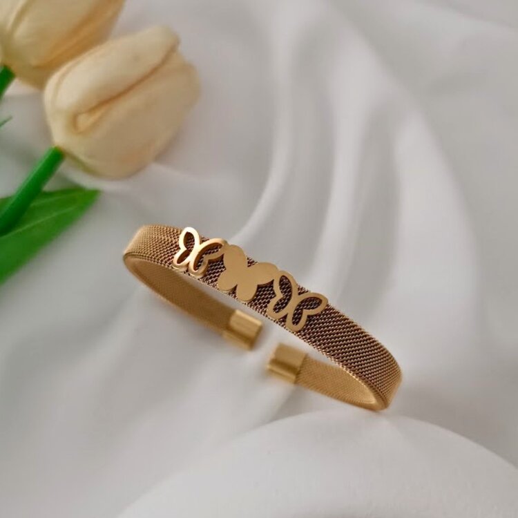 Lente Aksesuar Gold Renk Çelik Hasır Kelepçe Bilezik Üçlü Kelebek Figürlü Ayarlanabilir Model