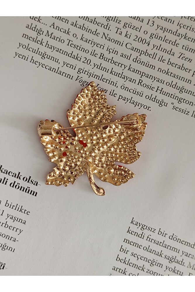 Zirkon Taşlı Çınar Yaprağı Broş, Kadın Yaka İğnesi