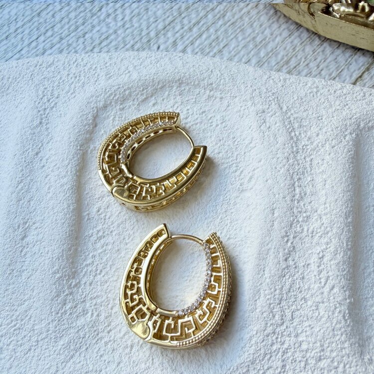 Lente Aksesuar Kadın Gold Kalın Oval Halka Küpe Antik Desenli Pırıltılı Taşlı Özel Tasarım