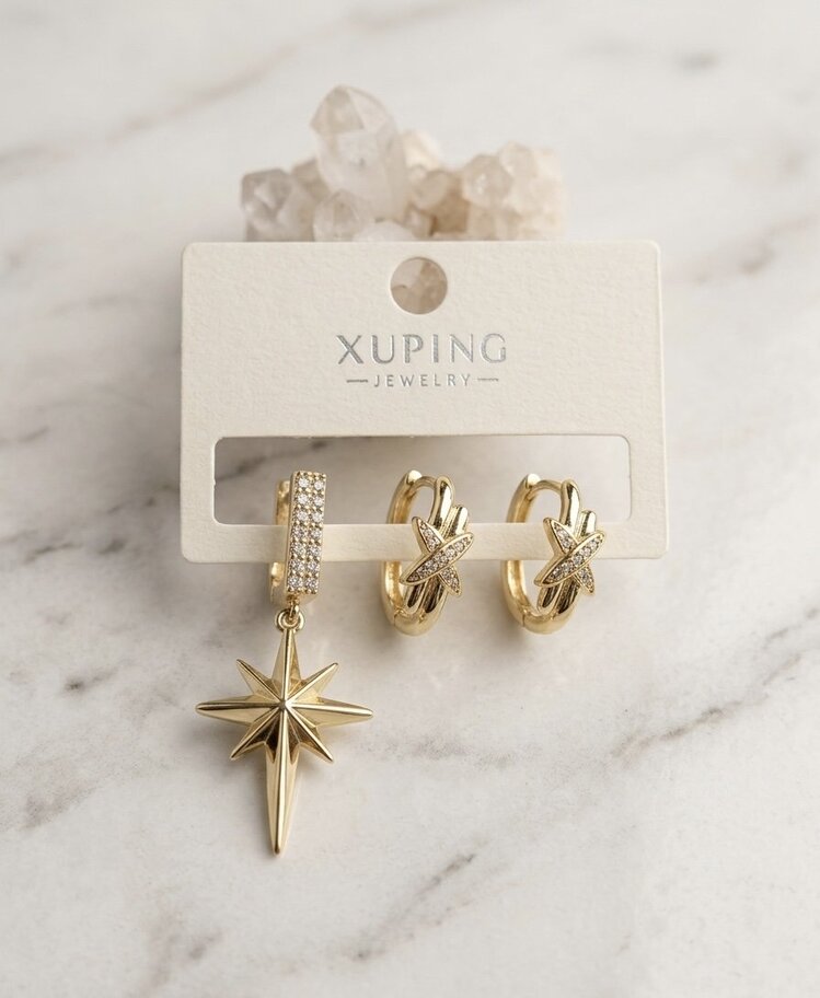 Lente Aksesuar Xuping 14k Altın Kaplama Sallantılı Kutup Yıldızı Küpe-Zirkon Taşlı Set Küpe