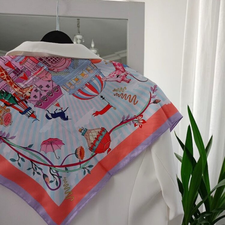 Lente Aksesuar Kadın Çok Renkli Sanatsal Çizgili Premium Kalite İpek Saten Fular 55x55cm