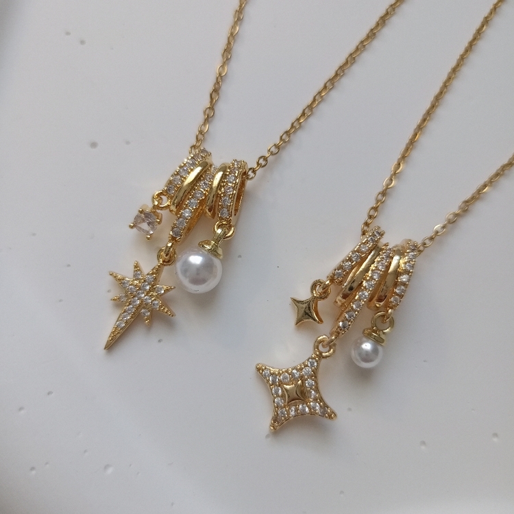Lente Aksesuar Çelik Zincir Gold Yıldız ve İncili Charm Kolye-Kadın Kolye