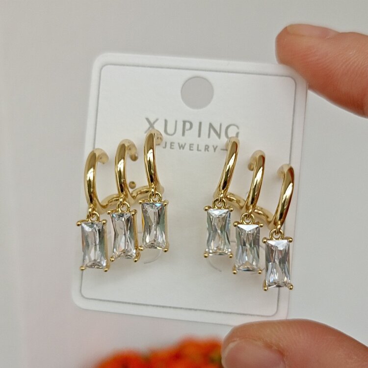 Lente Aksesuar Xuping Zirkon Baget Taşlı 3'lü Görünümlü Kadın Küpe