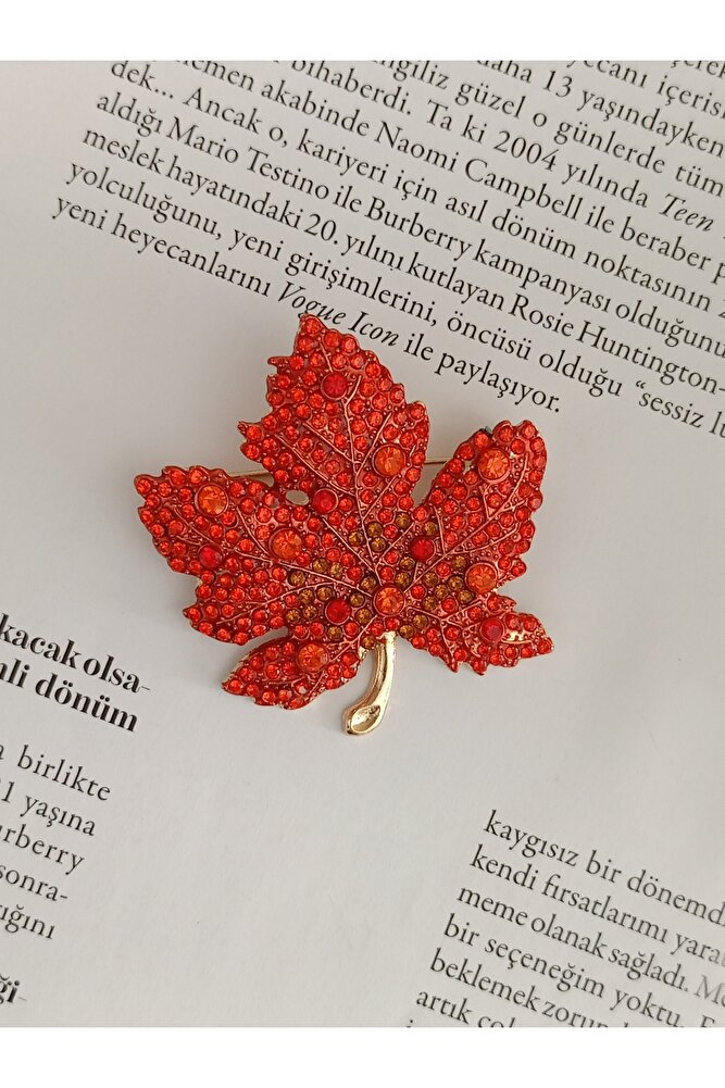 Zirkon Taşlı Çınar Yaprağı Broş, Kadın Yaka İğnesi