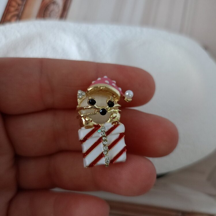 Lente Aksesuar Pembe Şapkalı Hediye Kutulu Kedi Broş-Yeni Yıl Kedisi Yaka İğnesi