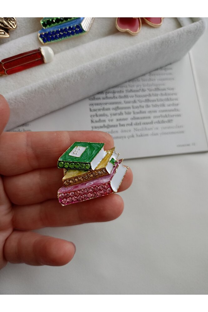 Lente Aksesuar Pembe, Sarı, Yeşil Kitap Broş-Parlak Kristal Renkli Taşlı Kitap Yaka İğnesi
