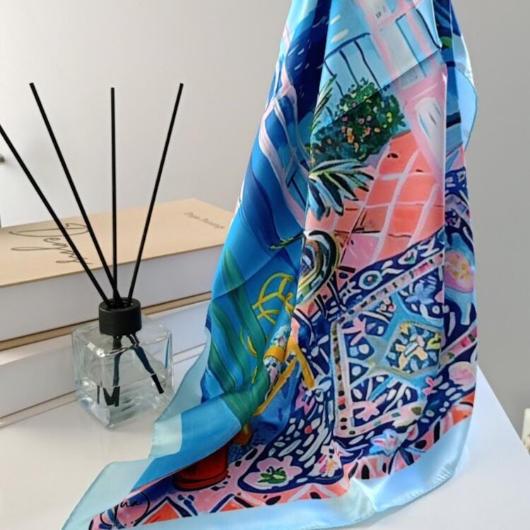 Lente Aksesuar Kadın Çok Renkli Sanatsal Çizgili Premium Kalite İpek Saten Fular 55x55cm