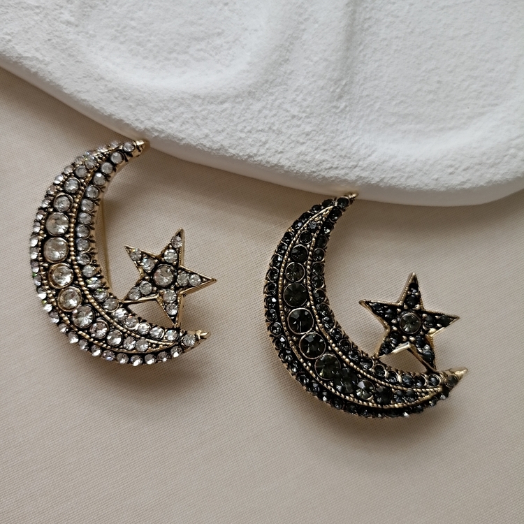 Özel Seri Siyah Zirkon Taşlı Ay Yıldız Broş