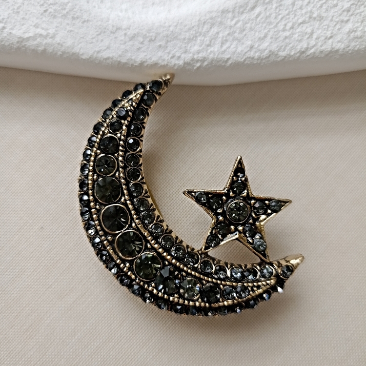 Özel Seri Siyah Zirkon Taşlı Ay Yıldız Broş