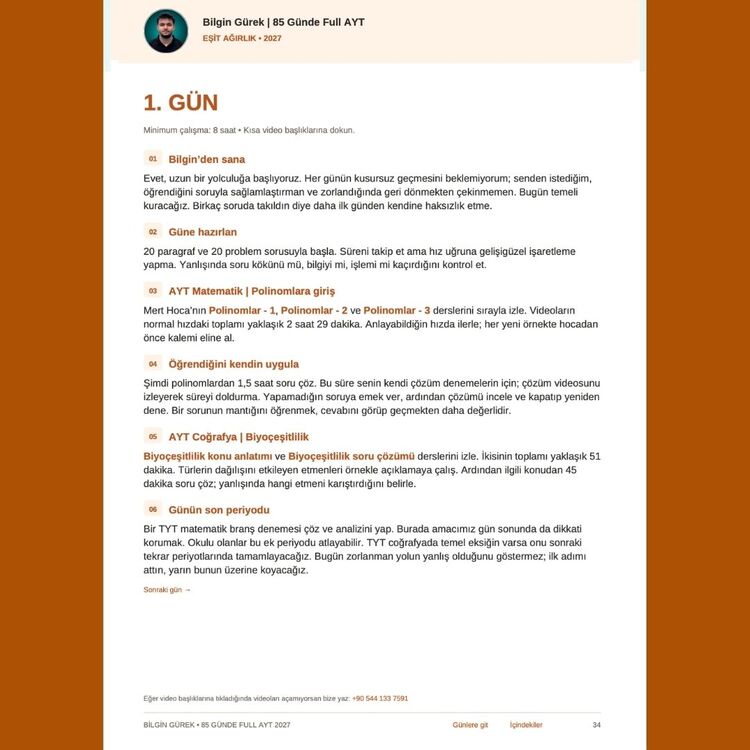 BİLGİN GÜREK DERECE YAPTIRTACAK 85 GÜN AYT EA PROGRAM + REHBERLİK / DİJİTAL KİTAP