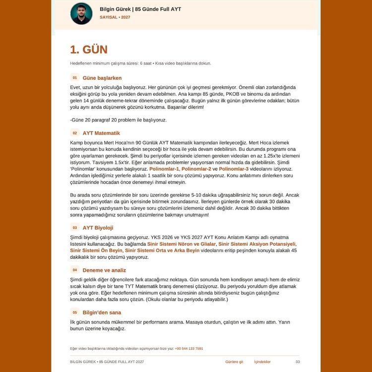 2026 BİLGİN GÜREK DERECE YAPTIRTACAK 85 GÜN AYT SAYISAL PROGRAM DİJİTAL KİTAP