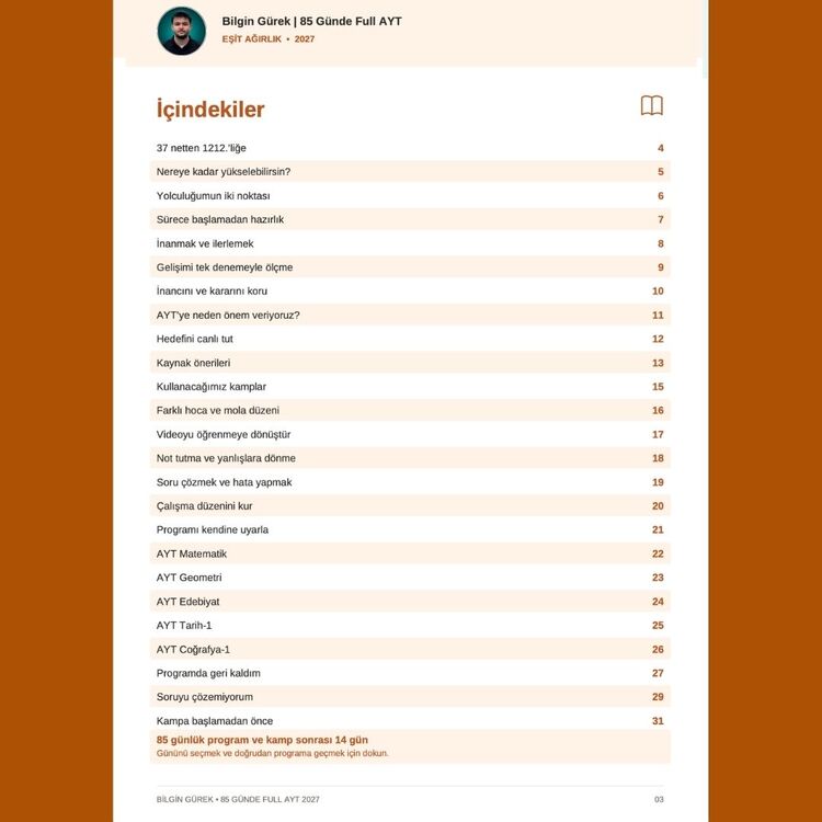 BİLGİN GÜREK DERECE YAPTIRTACAK 85 GÜN AYT EA PROGRAM + REHBERLİK / DİJİTAL KİTAP