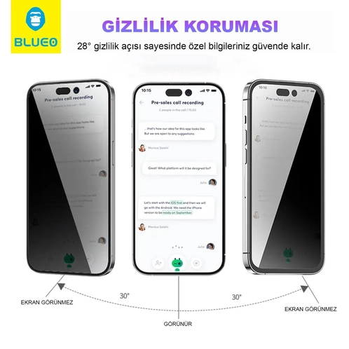 Blueo Anti-Peep Privacy iPhone 16 Uyumlu Göz Yormayan Uygulama Aparatlı Hayalet Cam Ekran Koruyucu
