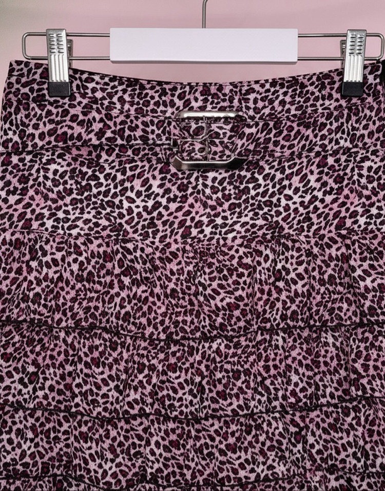 Kemerli Pembe leopar midi etek