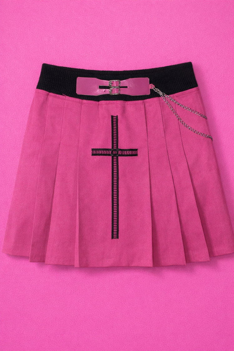 Haçlı y2k pembe kot mini etek